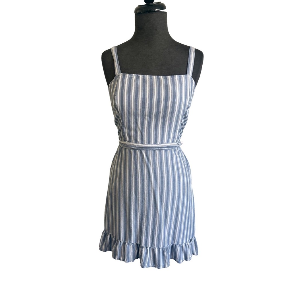 Hollister Blue White Striped‎ Ruffle Mini Dress Smocked Back Tie Waist Womens S